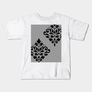 Scroll Damask Art I Black on Gray Kids T-Shirt